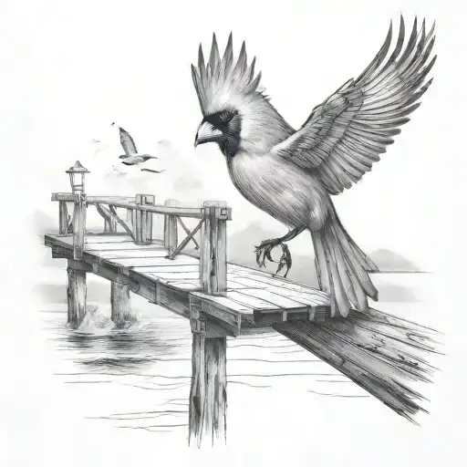 Flying Cardinal And Wooden Bridge To The Ocean