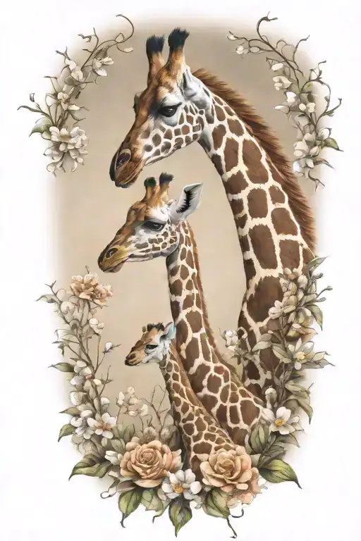 Mother And Baby Giraffe Surrounded By Flowers