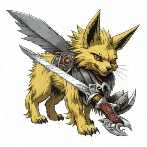 Jolteon Holding Ganondorf's Sword In His Mouth Like Zacian Style