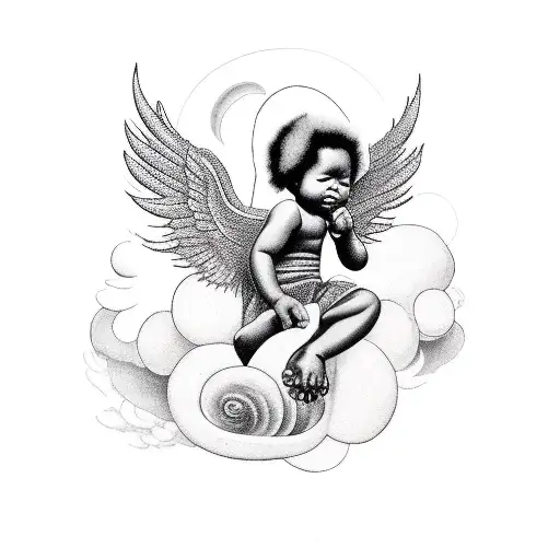 Black Baby Angel Playing Soul Music On A Keyboard With Heavenly Background And Doves