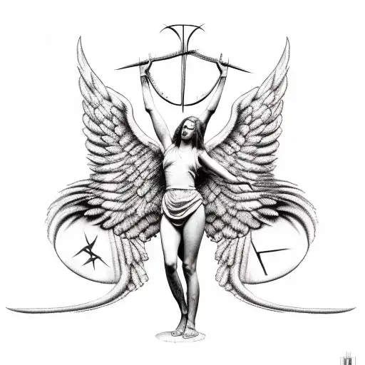 Angel With Arms Spread With Barb Wire Around Legs With The Word Stoic In Runes
