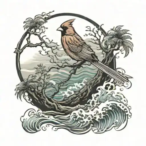 Cardinal Flying Under An Ocean Wave And Plam Tree