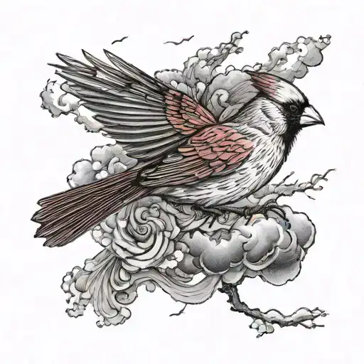 Cardinal Flying Through A Stormy Sky