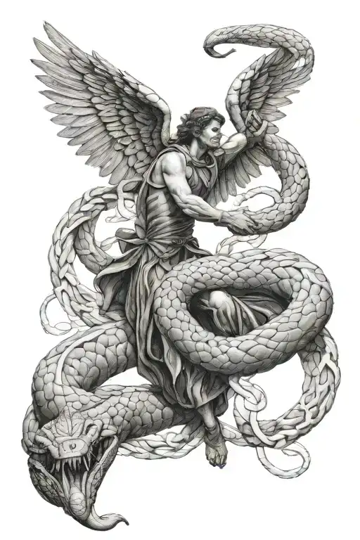 An Archangel Fighting A Large Snake Intertwined