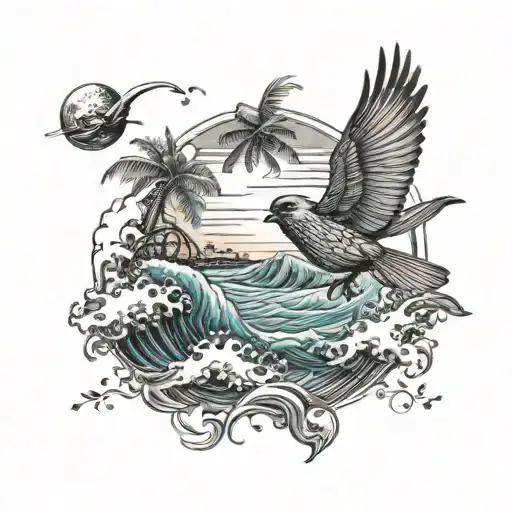 Flying Cardinal Under Ocean Wave Breaking With A Palm Tree