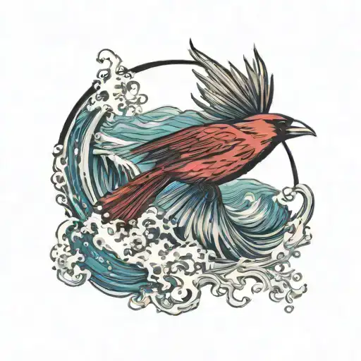 Cardinal Flying Under An Ocean Wave With Palm Tree Background