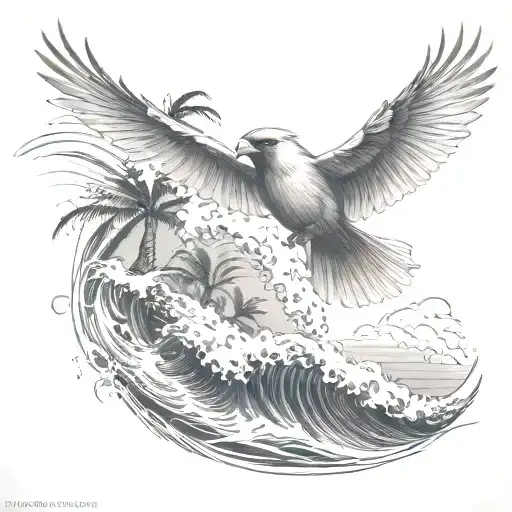 Cardinal Flying Under An Ocean Wave With Palm Tree Background