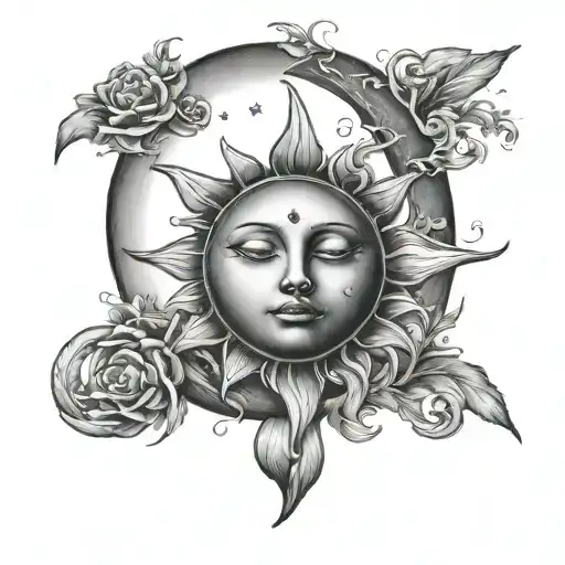 A Male Sun With Masculine Petals Embracing A Delicate Female Crescent Moon In The Twilight Night Sky