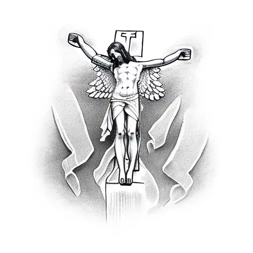 Angel In Crucified Position With Barb Wire Around Legs With The Word Stoic In Runes