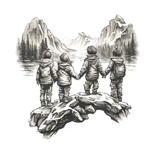 Montain Lac And Children Holding Hands