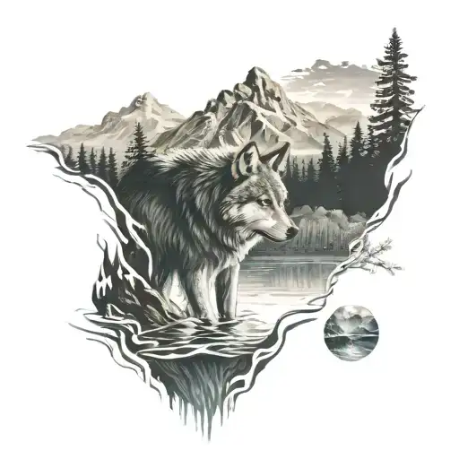 Wolf With Mountain And Forest Mountain Beach And Reflection In The Water
