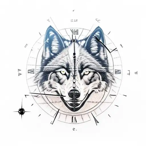 Black Wolf With Big Clock And Compass