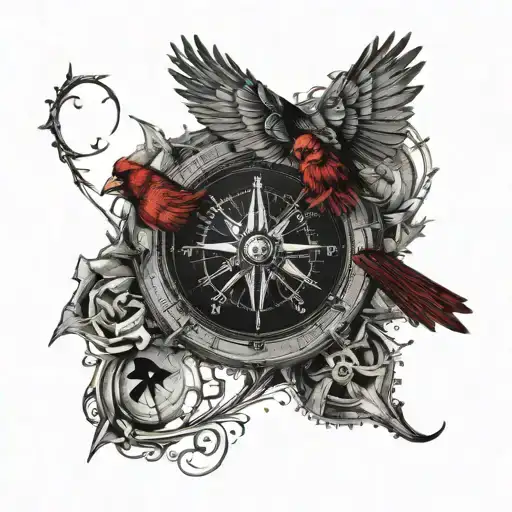 Cardinal Flying Into A Nautical Compass Rose Surrounded