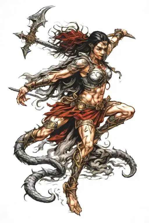 A Traditional Style Tattoo Of A Woman Warrior Embracing Her Agony And Pain In Hell