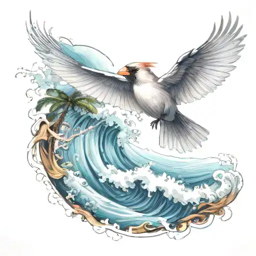 Cardinal Flying Under An Ocean Wave With Palm Tree Background
