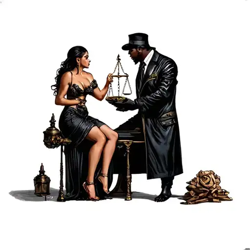Black Pimp Coat Slapping A Prostitute Holding The Scales