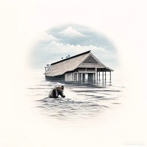 A Bear With View Of A Beach Witha Hut And A Dock Instead Of The Bear's Fill