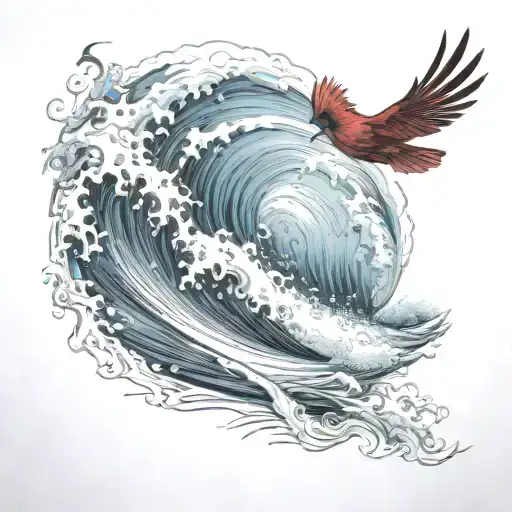 Cardinal Flying Under An Ocean Wave With Palm Tree Background