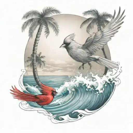 Cardinal Flying Under An Ocean Wave With Palm Tree Background