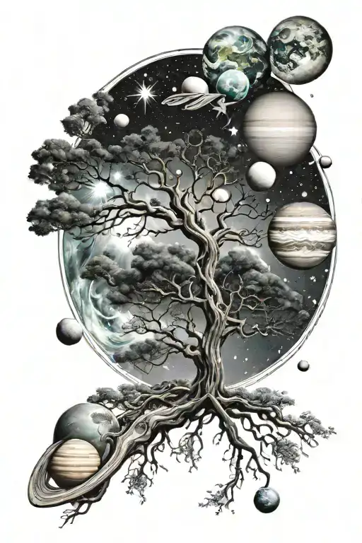 Tree In The Milky Way With Planets