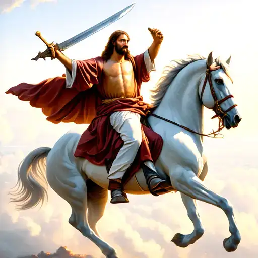 Jesus With A Sword Riding A White Horse In The Sky