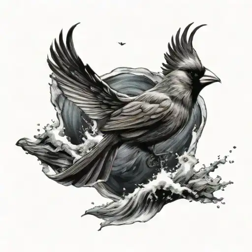 Cardinal Flying Under An Ocean Wave Breaking