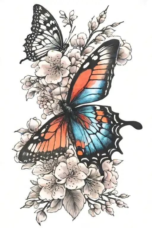 Butterfly With Bright Color Realistic Cherry Blossom