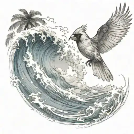 Cardinal Flying Under An Ocean Wave With Palm Tree Background