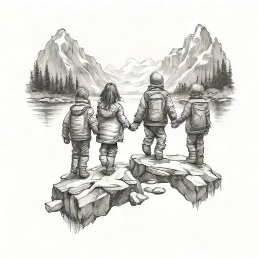 Montain Lac And Children Holding Hands