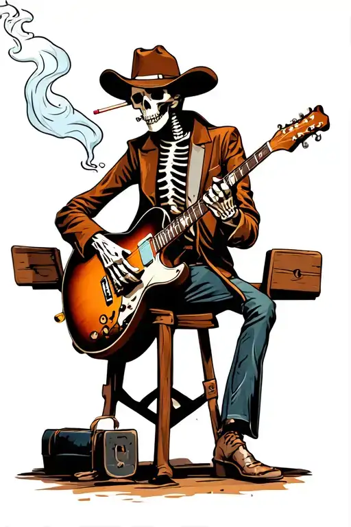 Cowboy Skeleton Playing Guitar Smoking Cigarette