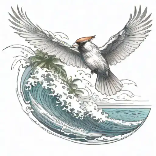 Cardinal Flying Under An Ocean Wave With Palm Tree Background
