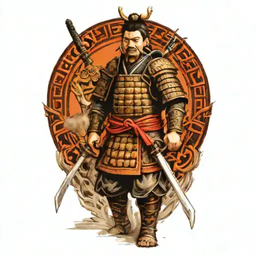 Samurai In Full Armor Ready For War With 2 Children Holding His Arms To Pull Him