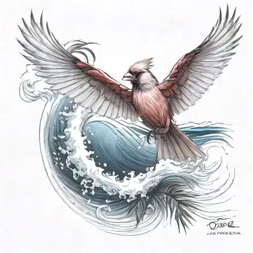Cardinal Flying Under An Ocean Wave With Palm Tree Background