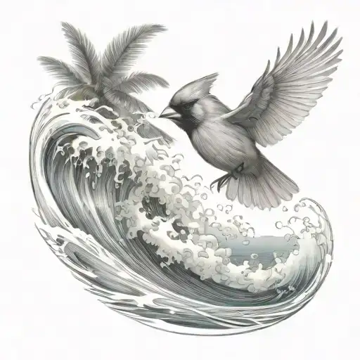 Cardinal Flying Under An Ocean Wave With Palm Tree Background