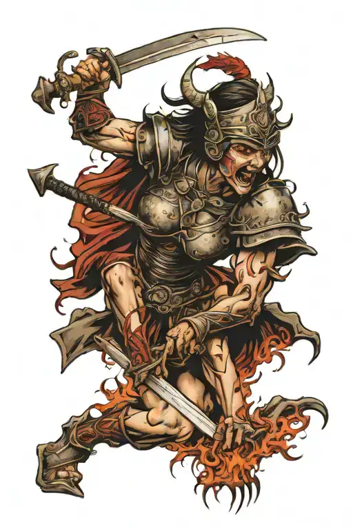 A Traditional Style Tattoo Of A Woman Warrior Embracing Her Agony And Pain In Hell