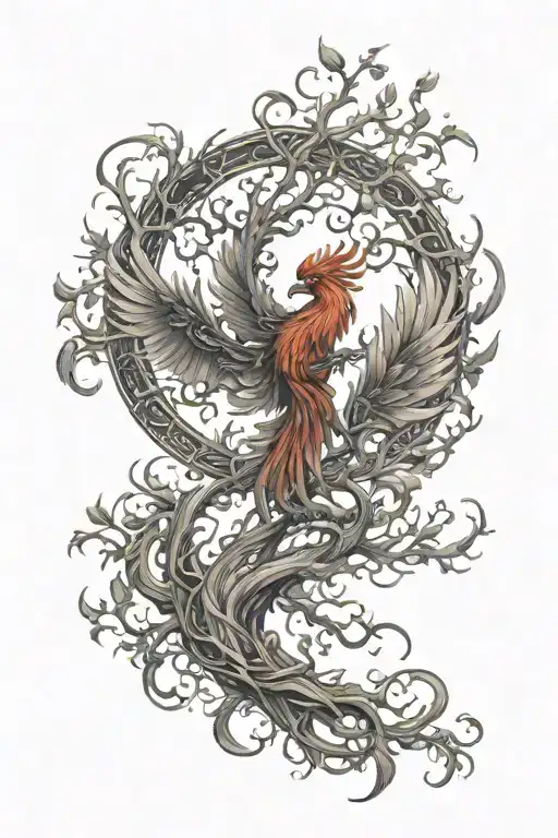 Fiery Phoenix With Tree Of Life Intertwined