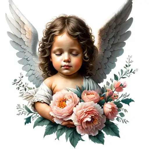Baby Angel With Closed Eyes With Peonies Flower Sleeve Tattoo Design