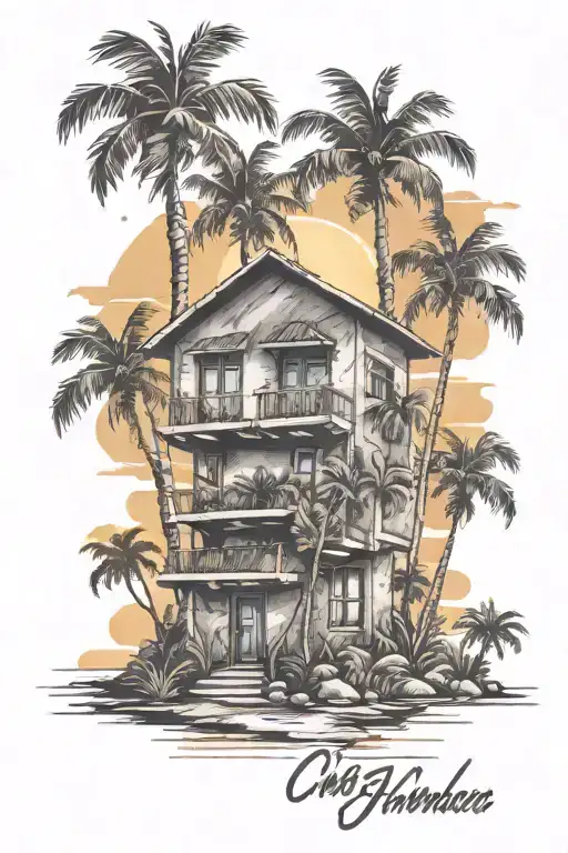 Building A Cement House Palm Trees Colors Sunset Sky