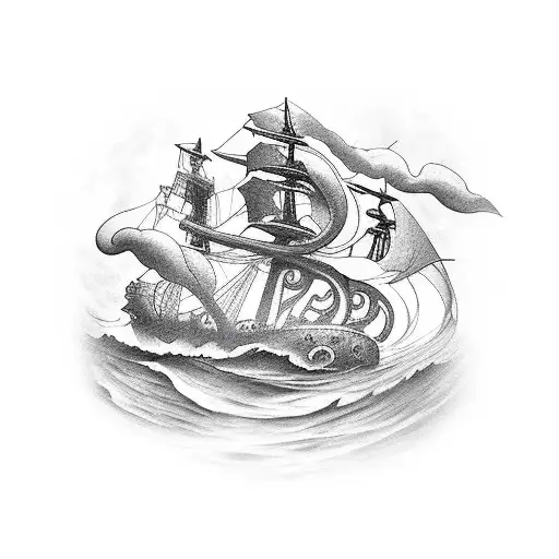 Kraken Attacking A Ship In A Stormy Night