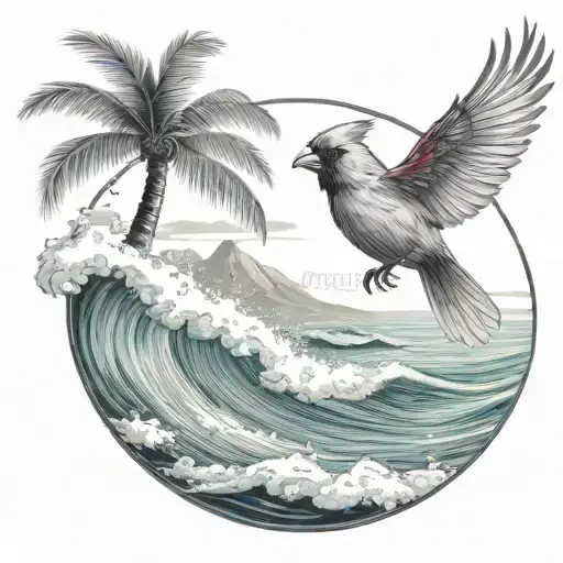 Cardinal Flying Under An Ocean Wave With Palm Tree Background