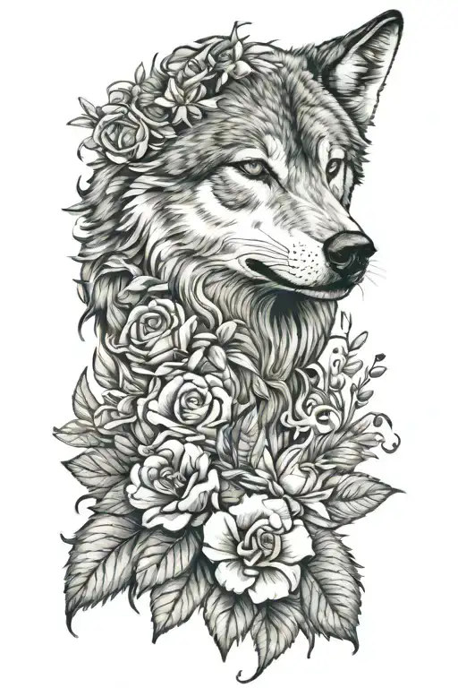 Wolf Blended By Roses Mayflowers Hibiscus