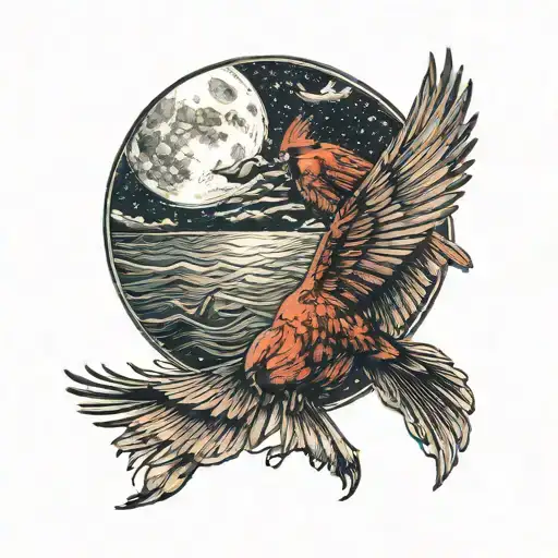Cardinal Flying Under A Moon Night Sea