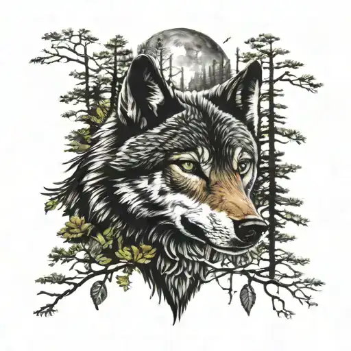 Wolf Face With Forrest Background Black