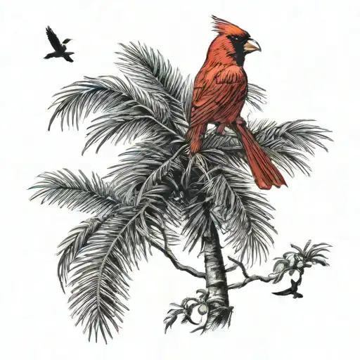 Flying Cardinal Under A Palm Tree