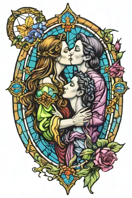 Bright Rainbow Colored Gothic Style Stained Glass Window Featuring Two Women Kissing