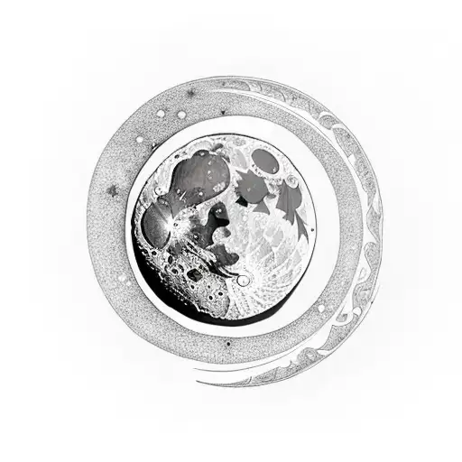 Lunula Moon Outline With Heartbeat And Moonflower Incorporating Within The Outline