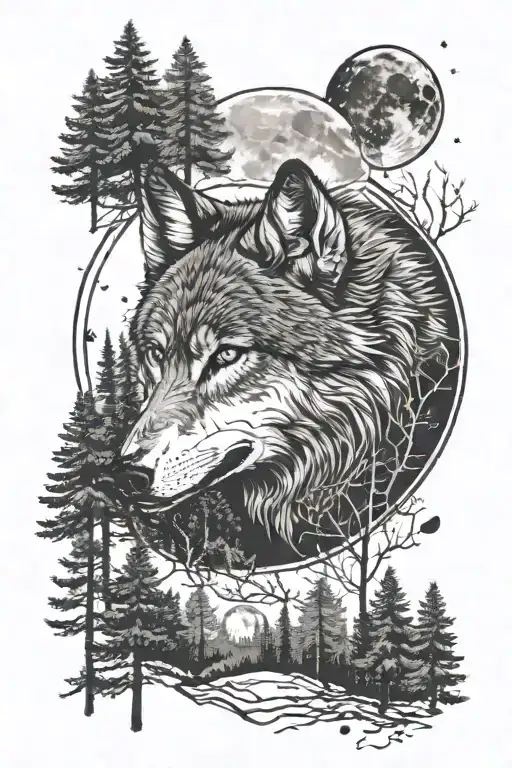 Wolf In The Forests With The Moon Phases