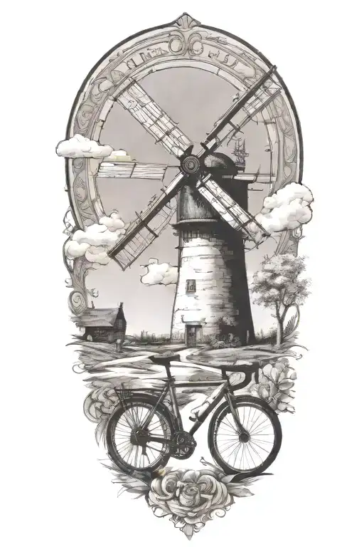 Windmill And Road Bicycle Leaning