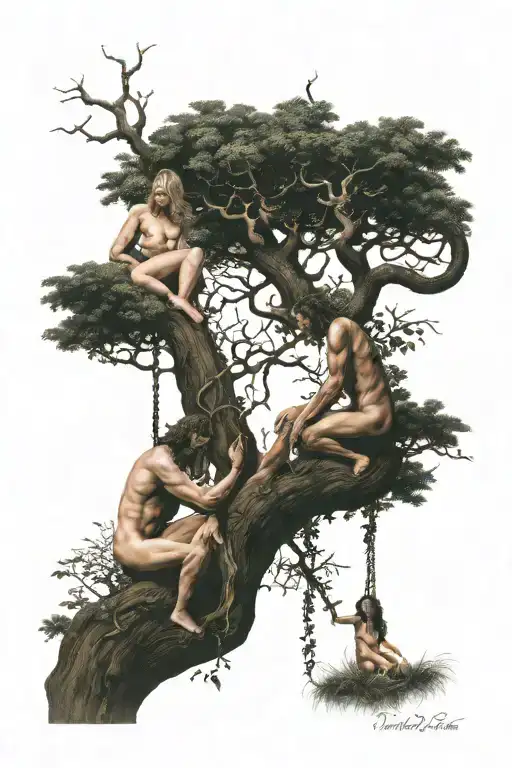 Adam And Eve Next To Tree Of Life With Serpant Hanging Down Staring At Them