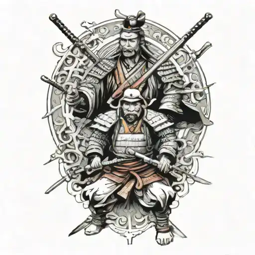 Samurai Iready For War With 2 Children Holding His Arms To Pull Him